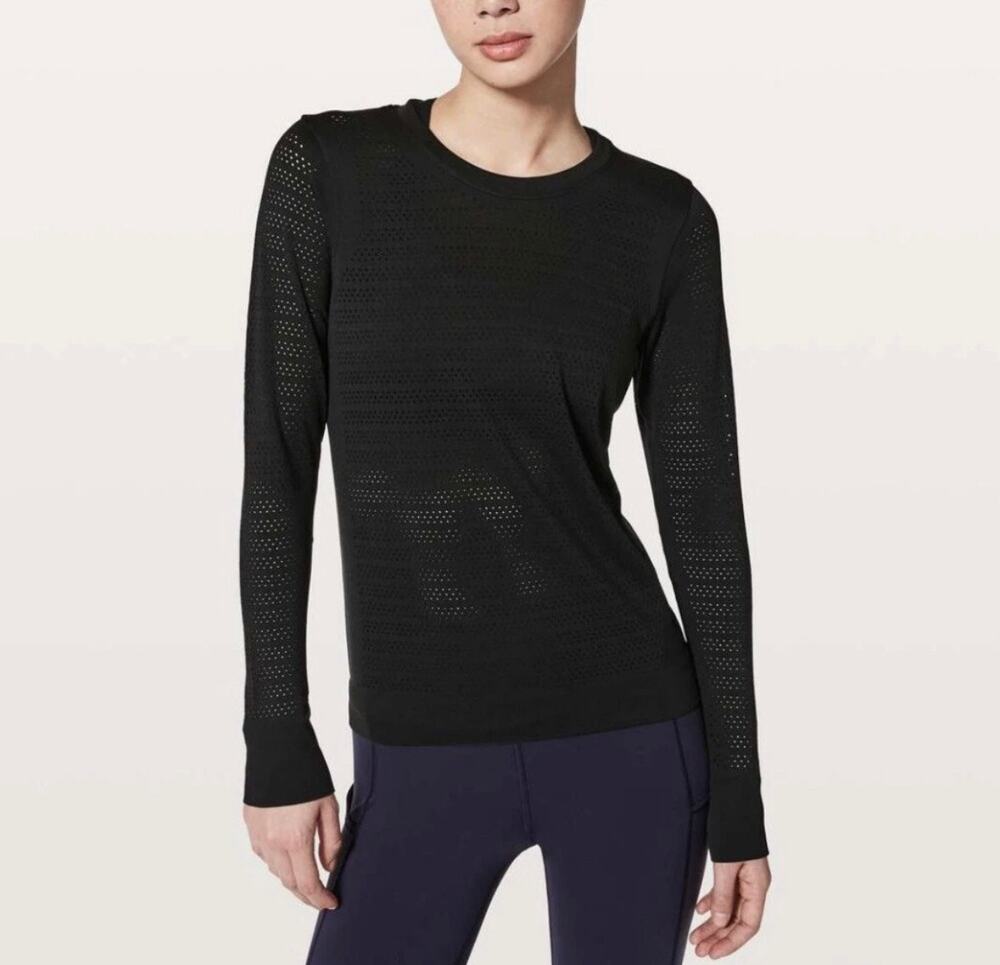 lululemon Breeze By Long Sleeve Black Perforated Running Top Size 6
